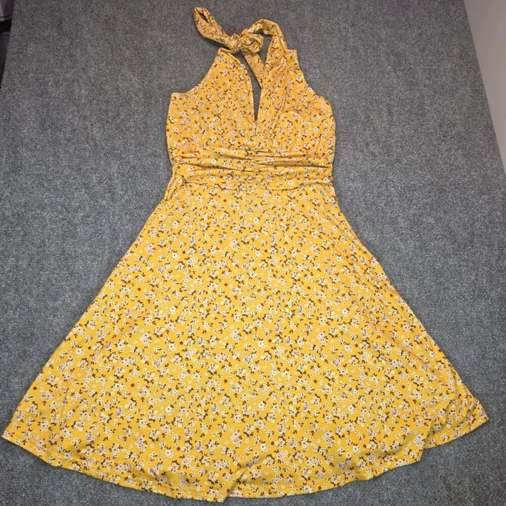Yellow Floral Halter Neck Fit & Flare Midi Dress